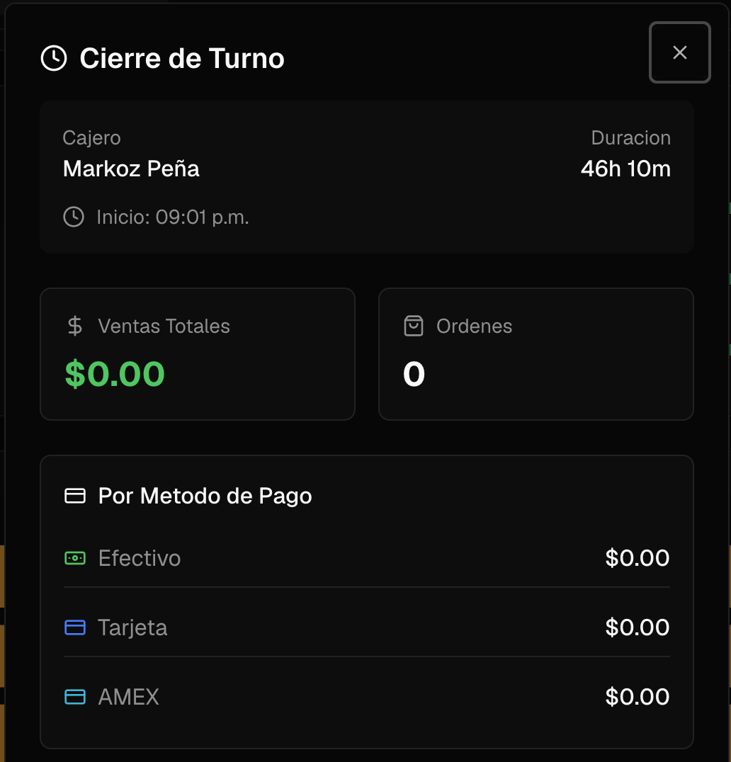 Cierre de turno con desglose por métodos de pago