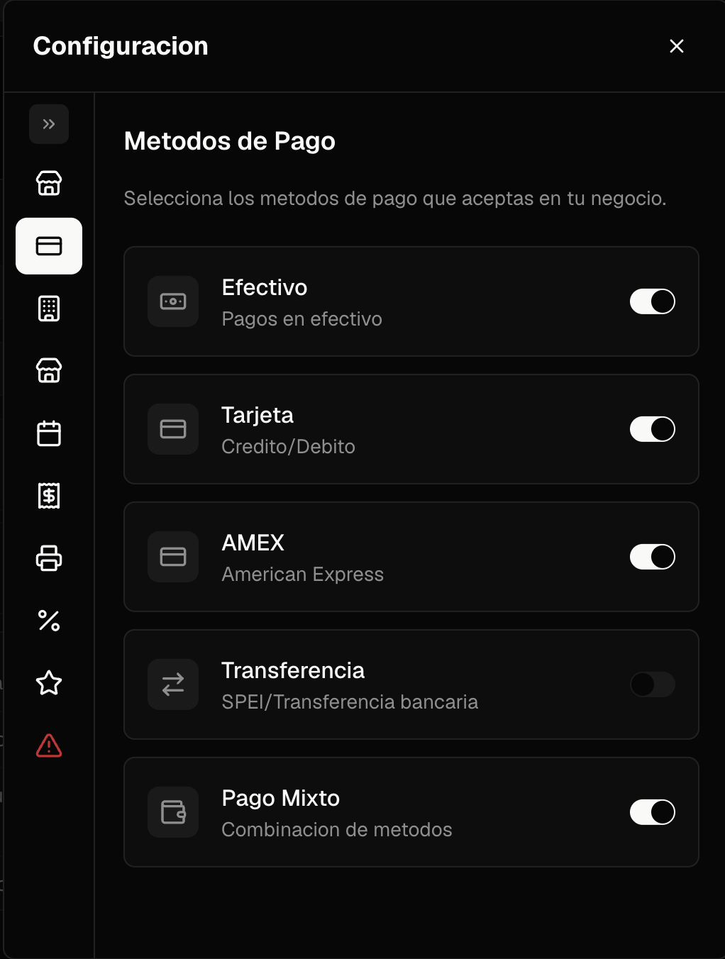 Configuración de métodos de pago en OnixSnap